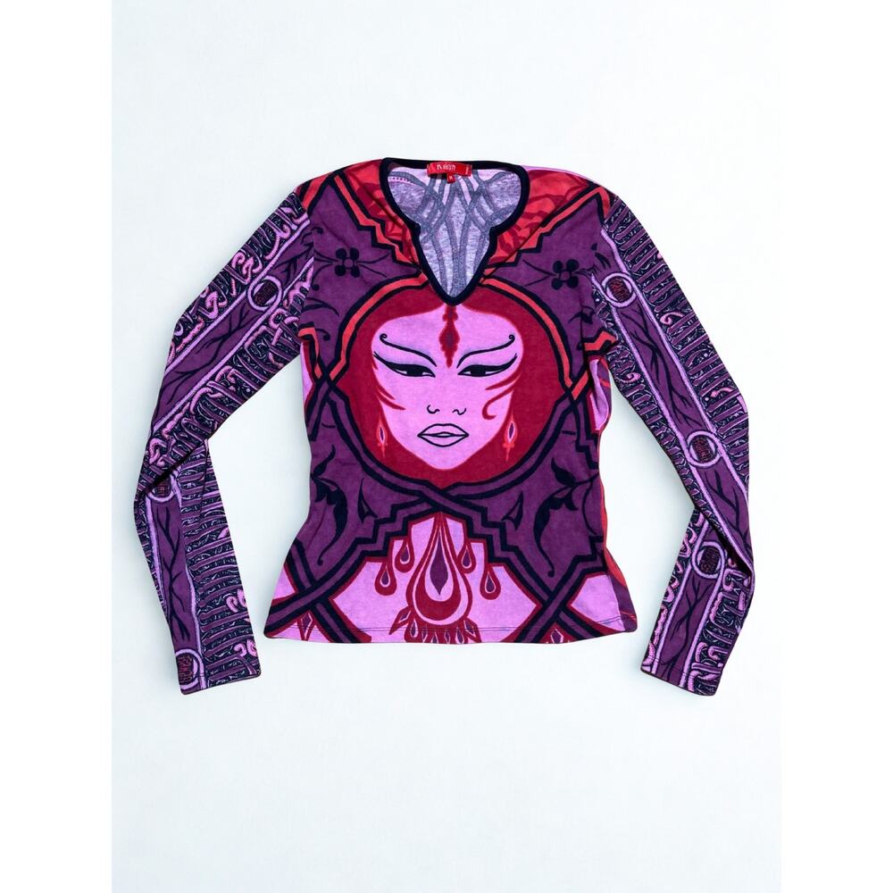 Vtg Y2K Noun Paris Purple Red Face Print Maximalist Euro Long Sleeve Top